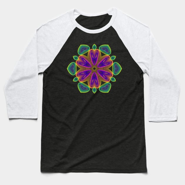 Lotus Kaleidoscope | Harmonograph Green Yellow Purple Black Baseball T-Shirt by aRtVerse